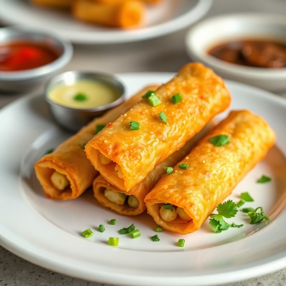 Plated Jalapeno Popper Egg Rolls with creamy feta cheese dip