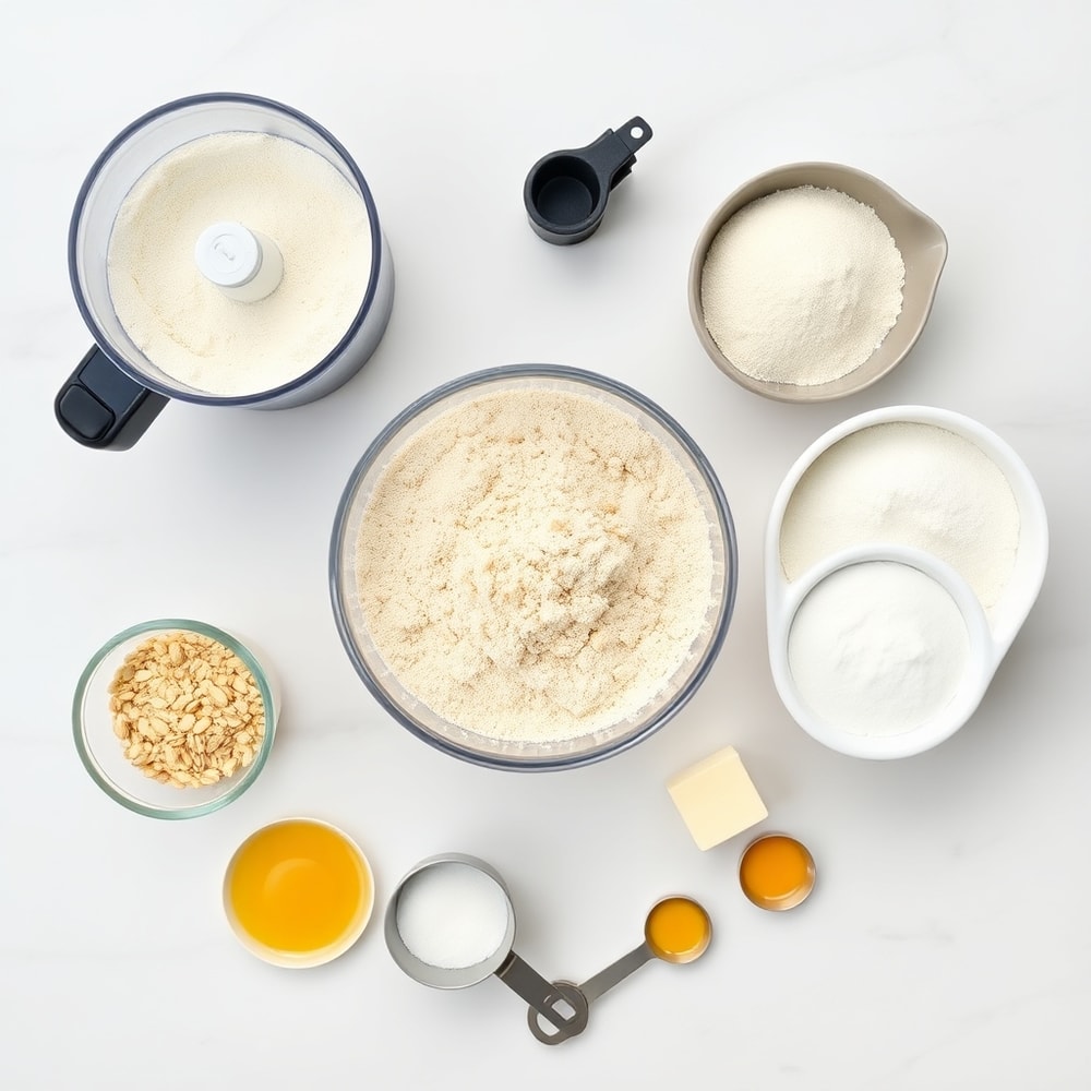 Ingredients for keto protein breakfast biscuit on a marble surface