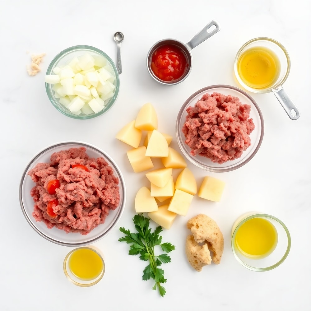 Raw ingredients for Lebanese Hashweh laid out on a wooden surface