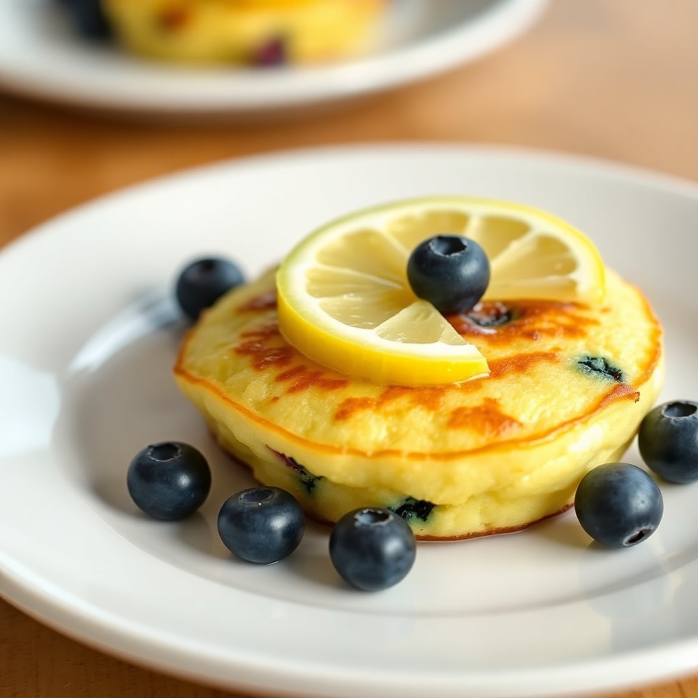 Lemon Blueberry Cottage Cheese Pancake Bites on a plate with a lemon slice