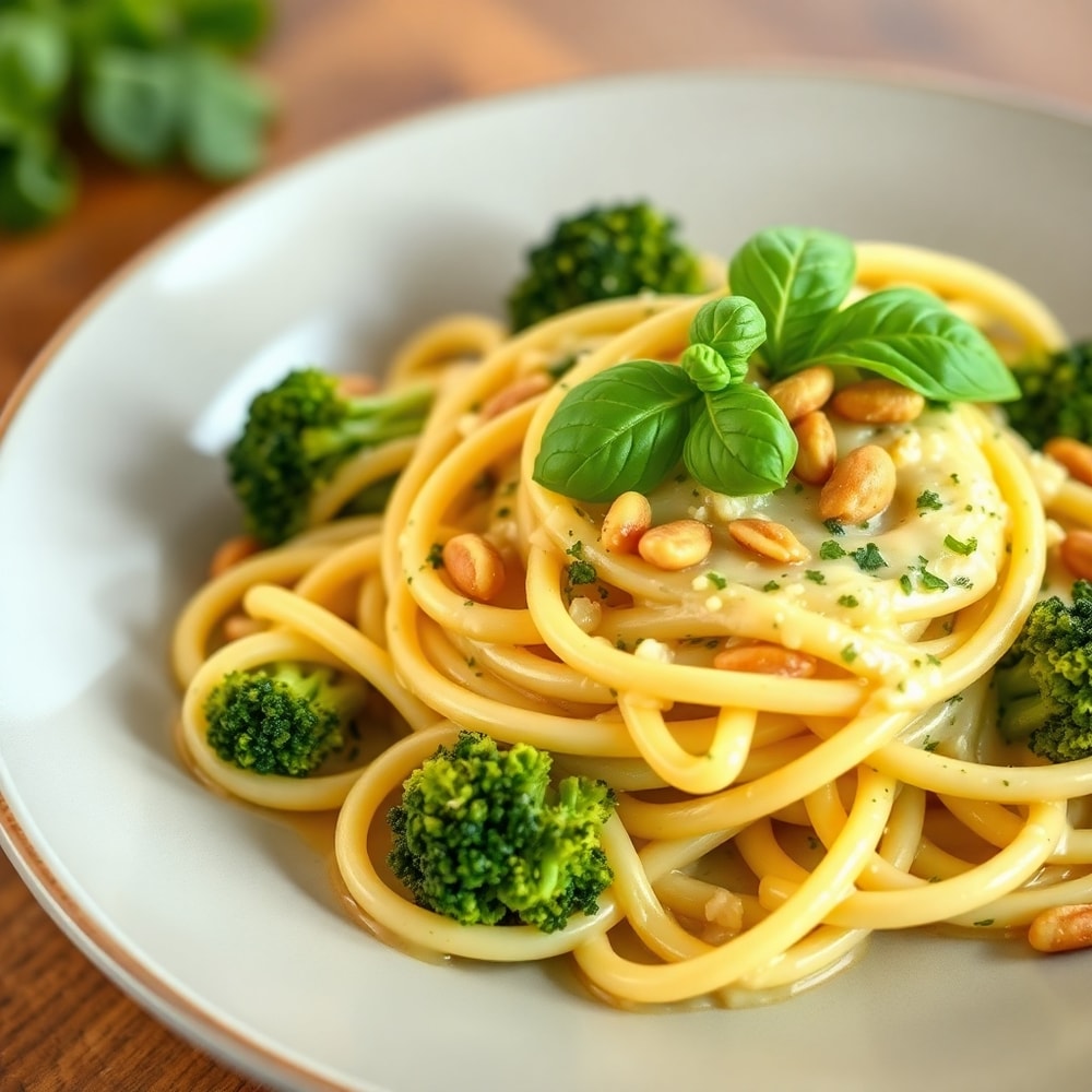 Plated Lemon Broccoli Mafaldine Pasta