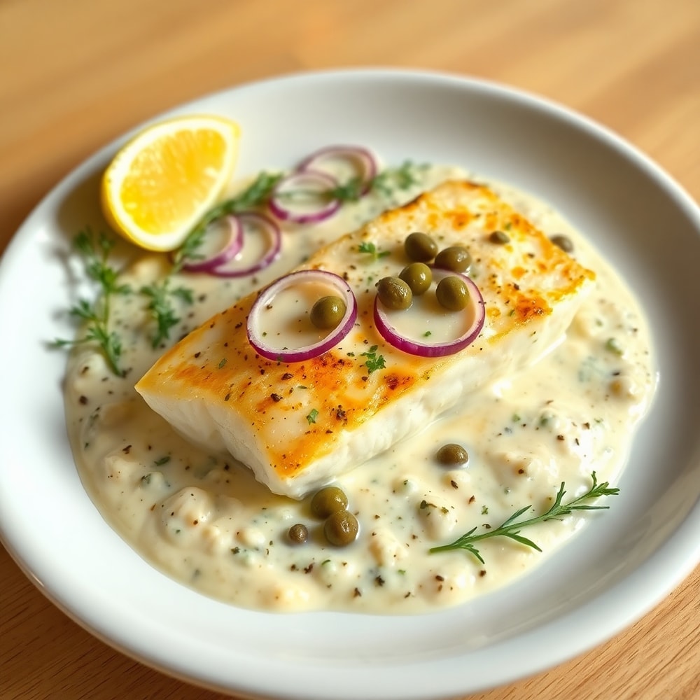 Plated Mediterranean Baked Halibut with Creamy Topping