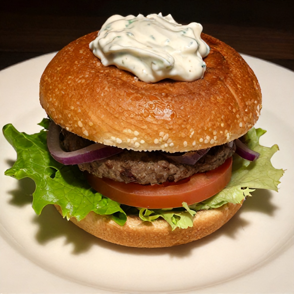 Plated Mediterranean Stuffed Burger with tzatziki sauce