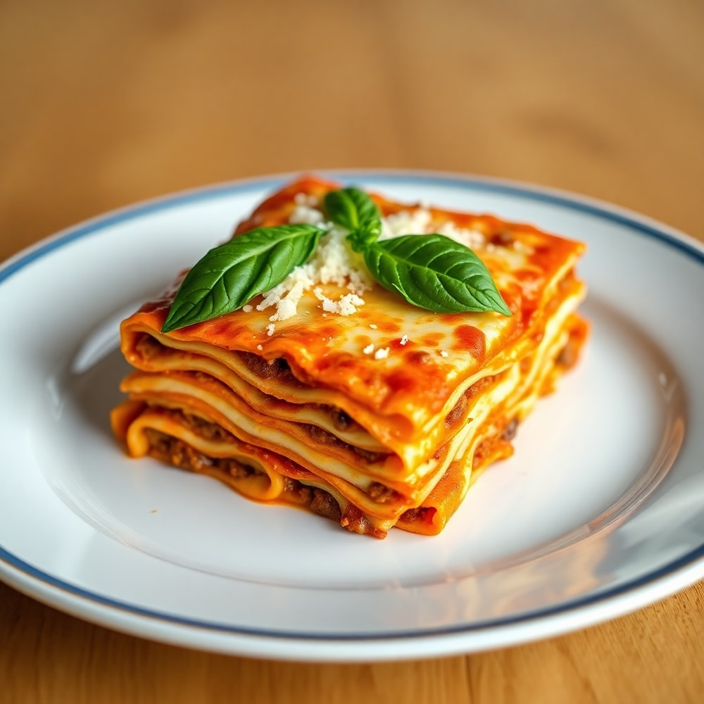 Plated Million Dollar Lasagna with fresh basil and grated Parmesan