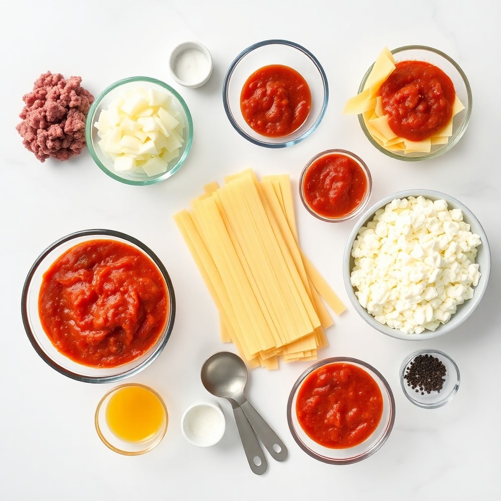 Raw ingredients for Million Dollar Lasagna including ground beef, lasagna noodles, ricotta, and mozzarella cheese