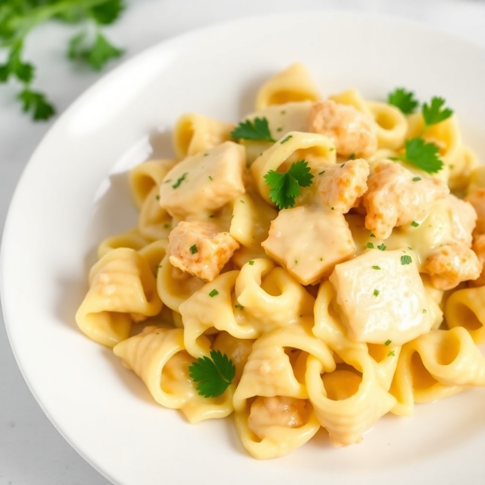 Plated Mozzarella Garlic Butter Chicken Bowties