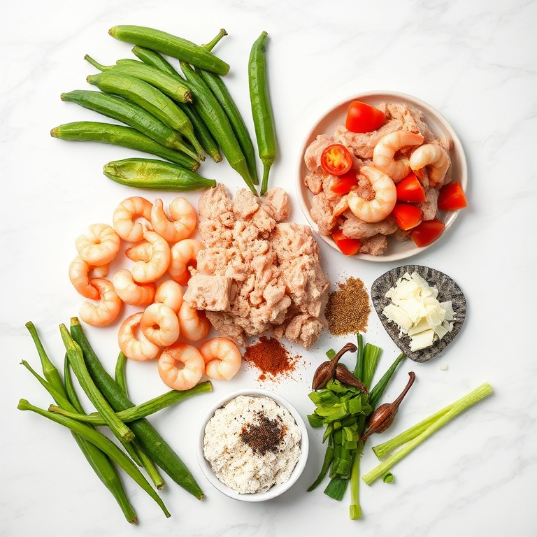 Raw ingredients for Nigerian Okra Soup