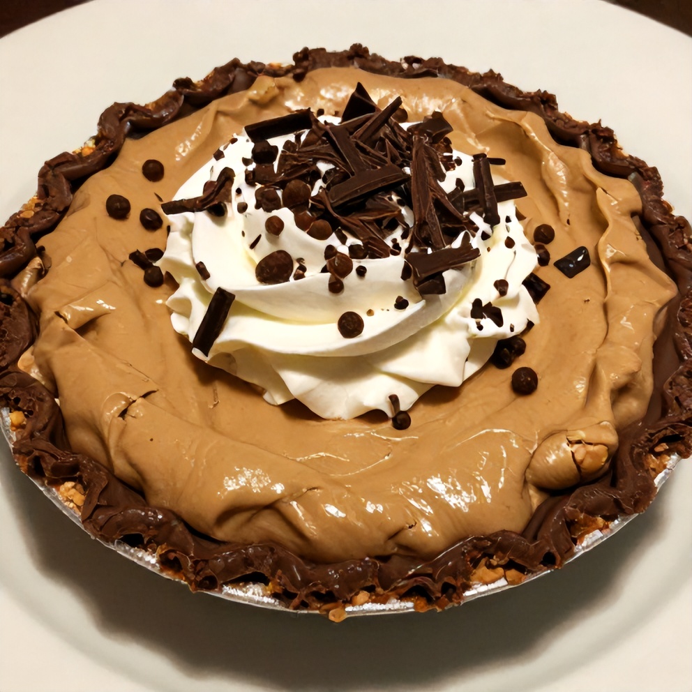 Sliced No-Bake Chocolate Peanut Butter Pie on a Plate with Whipped Cream and Chocolate Shavings