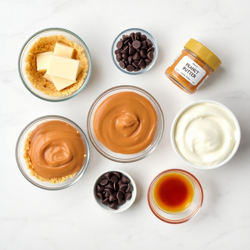 Raw Ingredients for No-Bake Chocolate Peanut Butter Pie: Graham Crackers, Butter, Peanut Butter, Sweetened Condensed Milk, Chocolate Chips, Heavy Cream