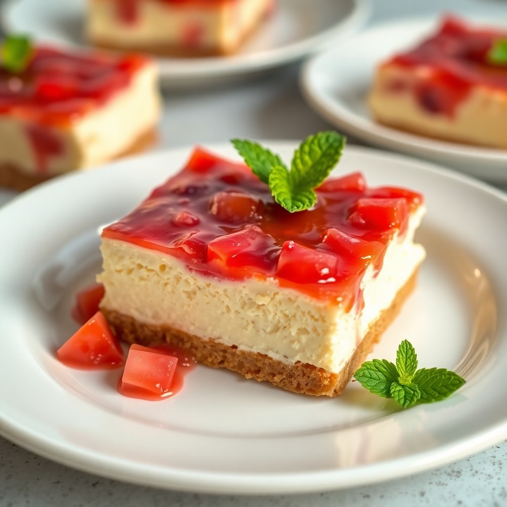 Perfectly sliced No Bake Rhubarb Cheesecake Squares on a white plate