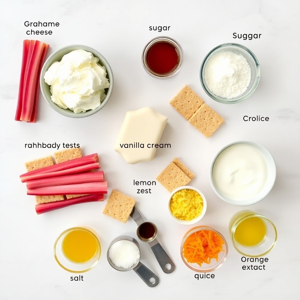 Graham crackers, cream cheese, rhubarb, and other ingredients for No Bake Rhubarb Cheesecake Squares