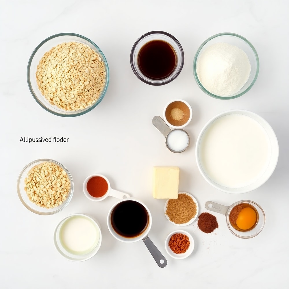 Ingredients for Oatmeal Molasses Rolls on a white marble counter