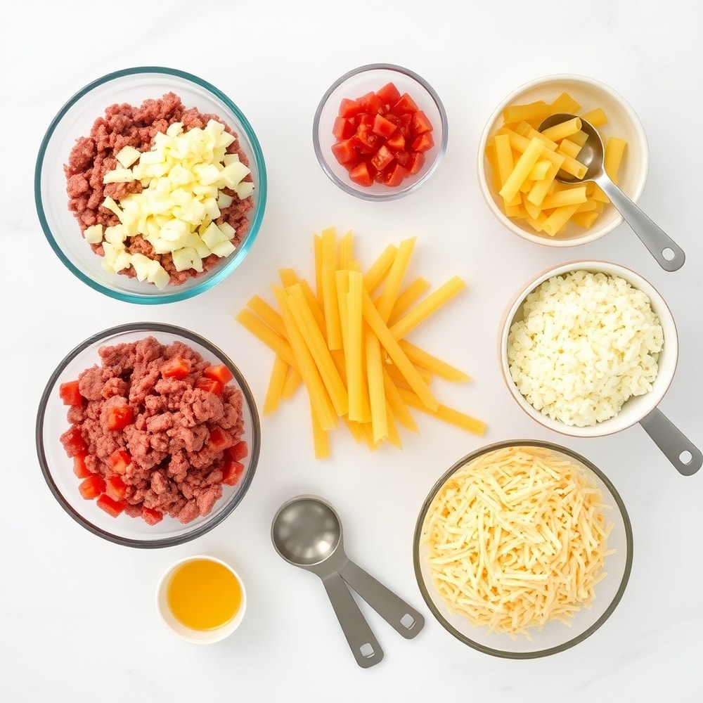 Raw ingredients for one pot cheesy taco pasta arranged in a flat lay