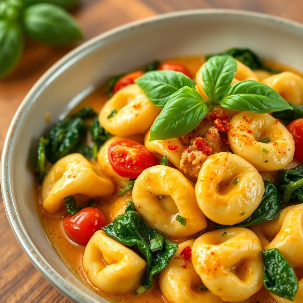 Plated serving of creamy spinach tomato tortellini with grated parmesan
