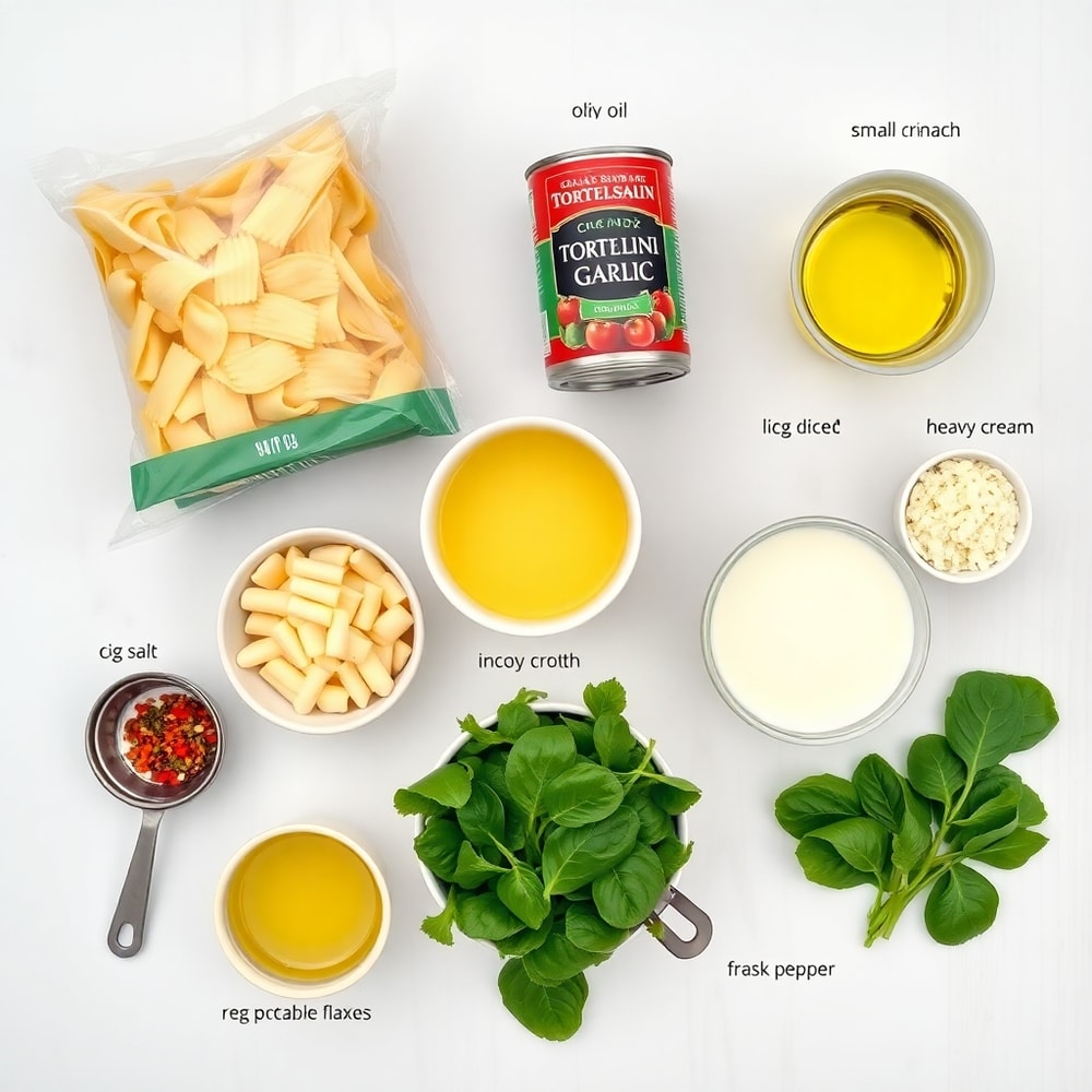 Raw ingredients for creamy spinach tomato tortellini on a marble surface