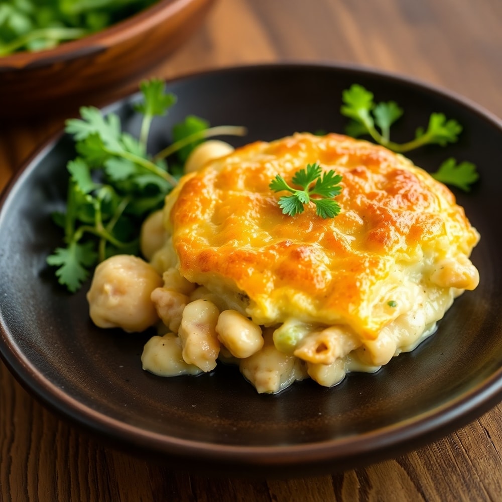 One Pot Gnocchi Chicken Pot Pie served on a plate with a side of greens