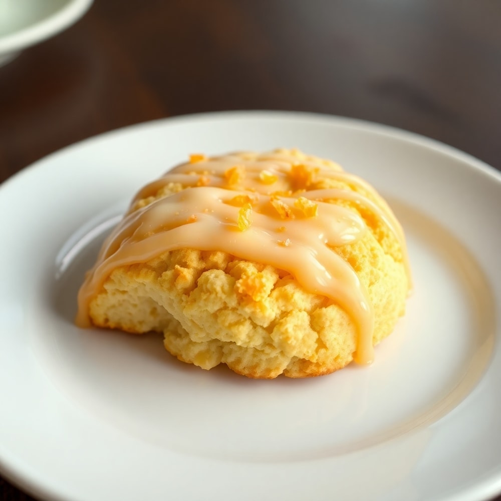 A single orange scone cookie on a white plate