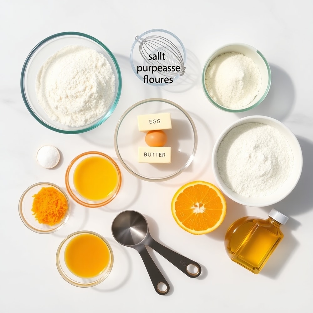 Ingredients for orange scone cookies laid out on a marble counter