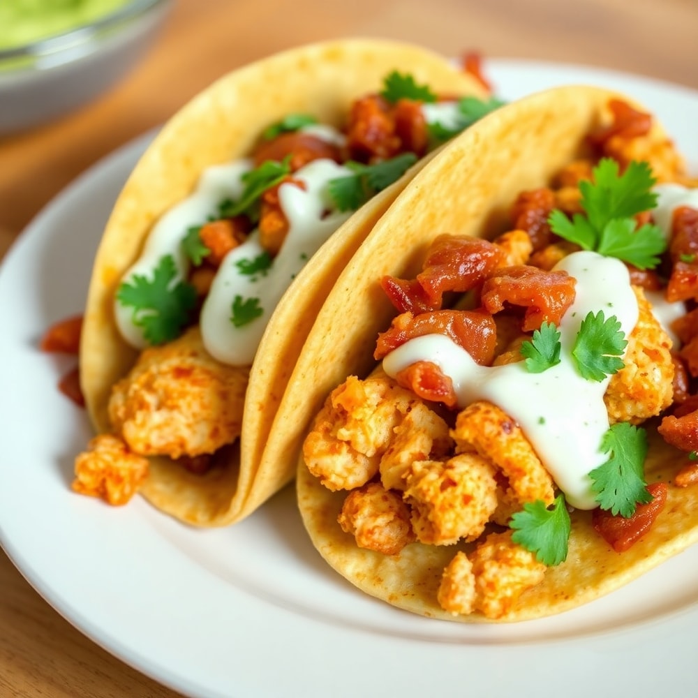 Plated baked chicken bacon ranch tacos with fresh cilantro