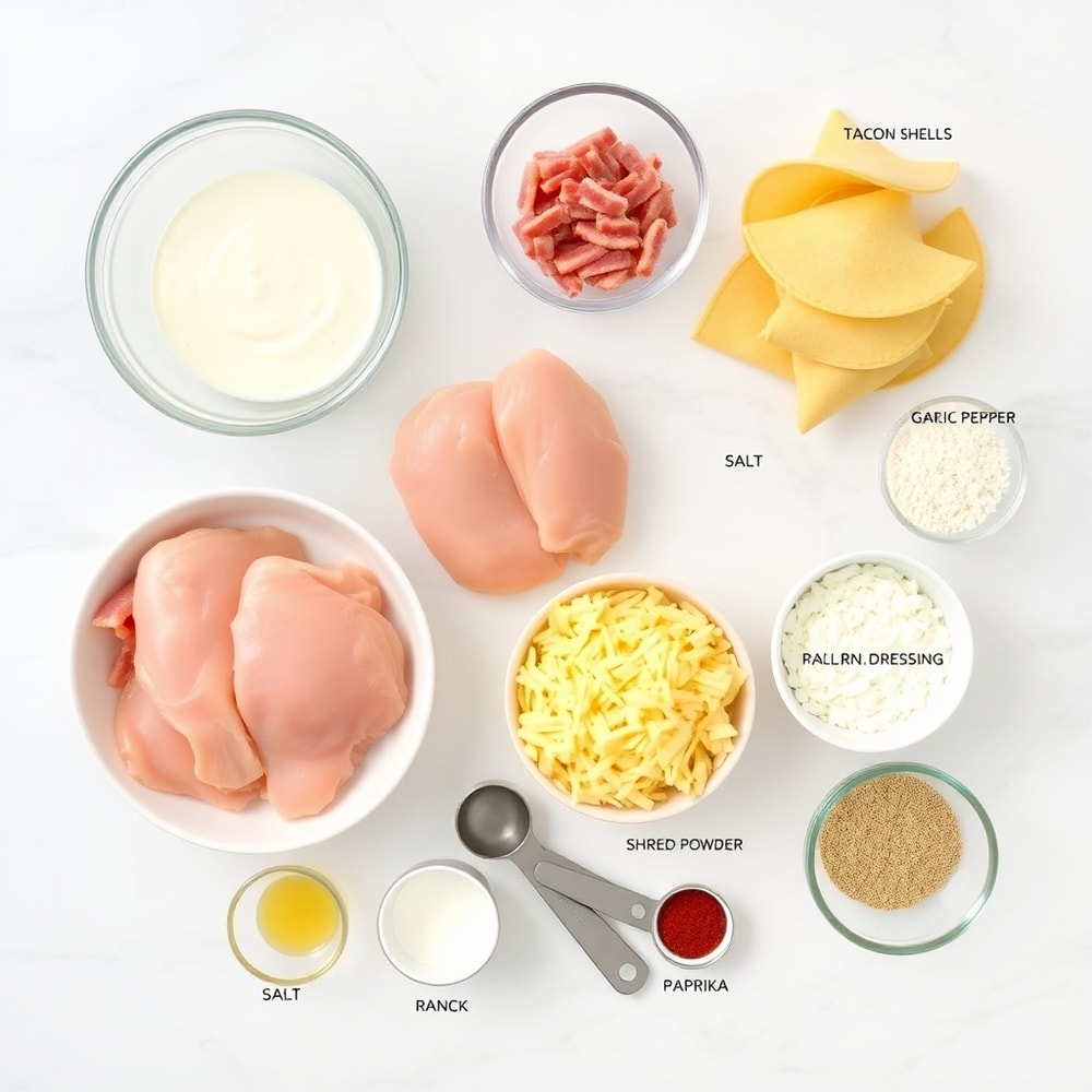 Raw ingredients for baked chicken bacon ranch tacos on a white marble surface