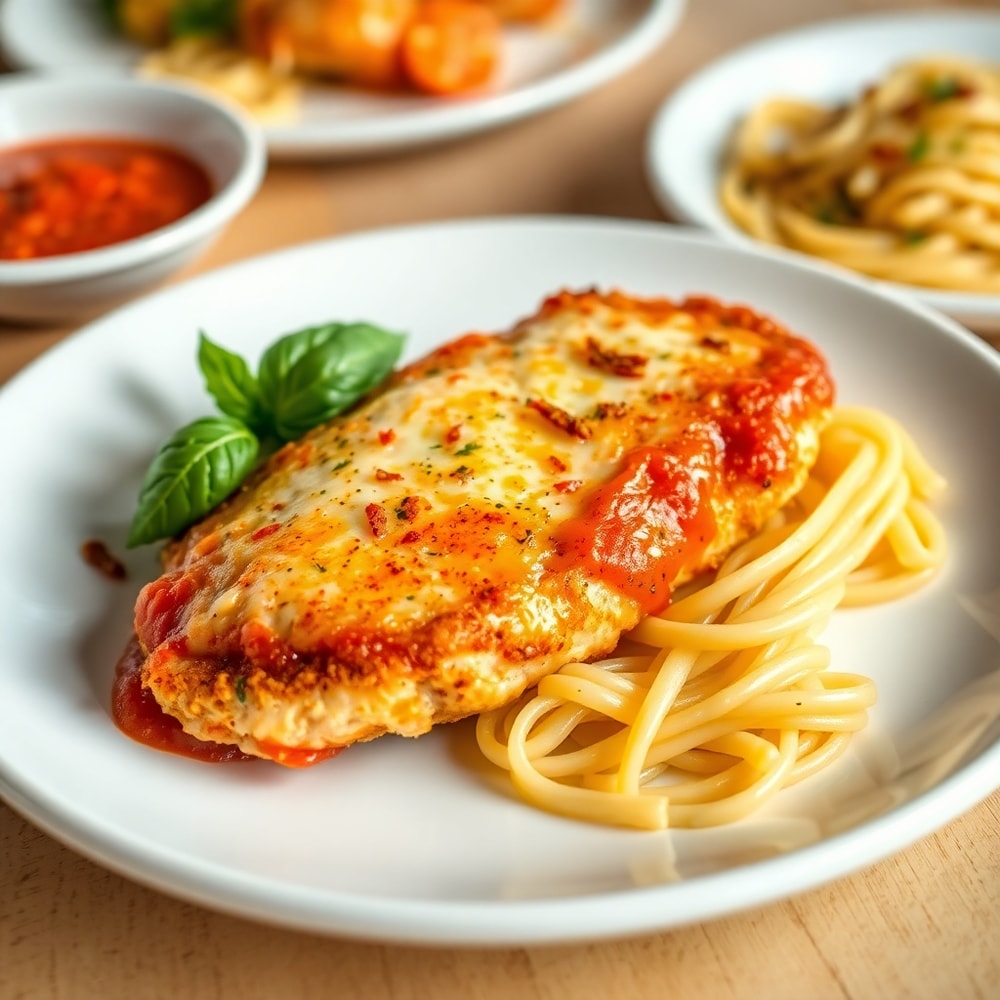 Plated serving of crispy oven-baked chicken parmesan with side of pasta