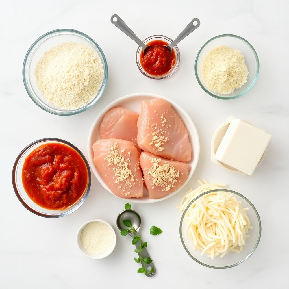 Raw ingredients for oven-baked chicken parmesan: chicken breasts, breadcrumbs, Parmesan cheese, marinara sauce, mozzarella cheese, flour, eggs, Italian seasoning, salt, and pepper