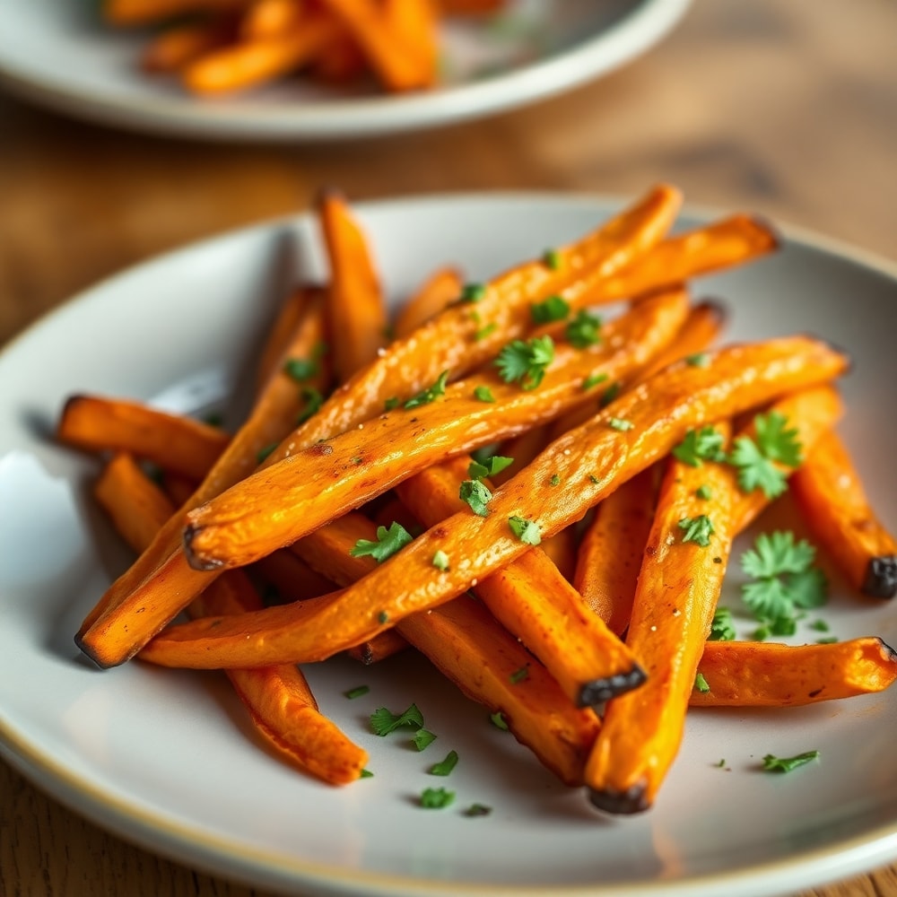 Plated serving of crispy oven baked sweet potato fries with a sprinkle of parsley