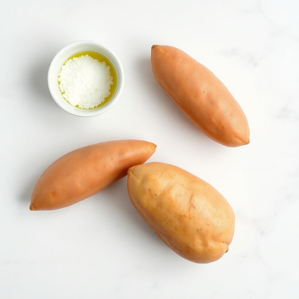 Raw sweet potatoes, olive oil, salt, and pepper arranged on a white marble surface