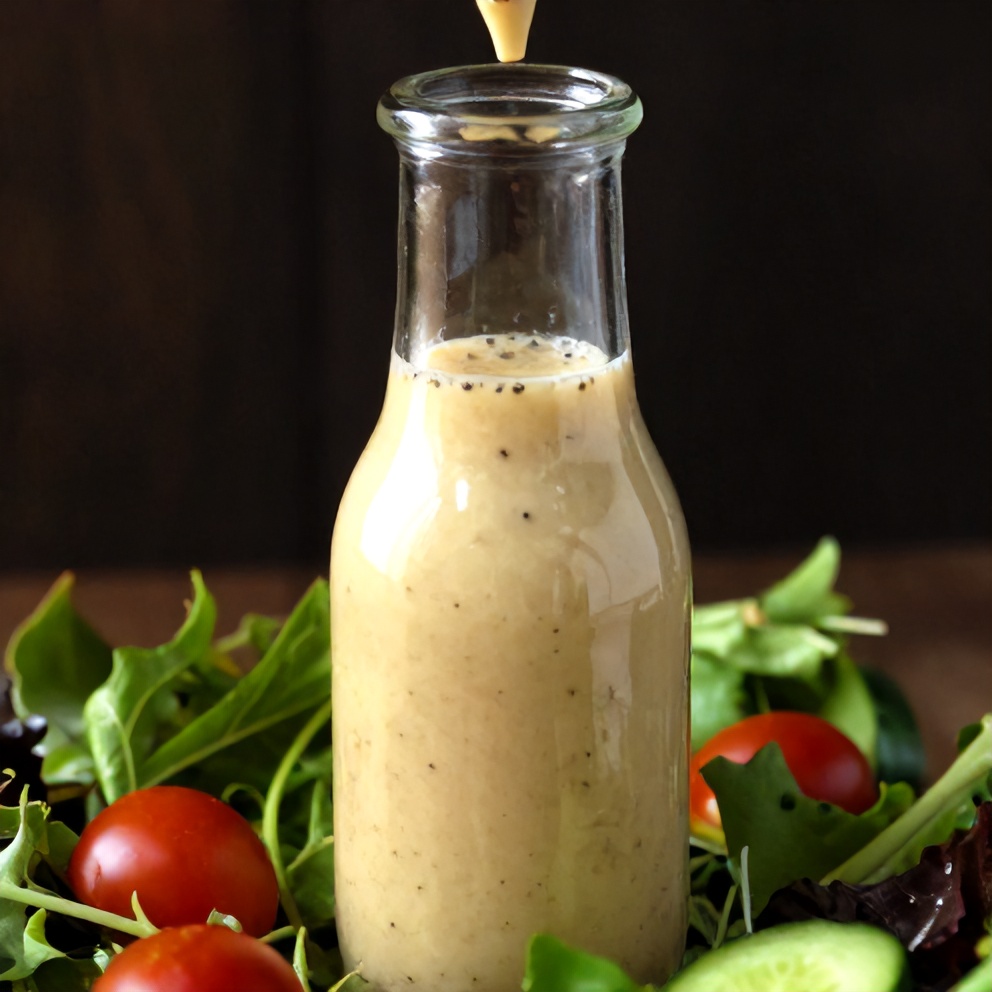 Parmesan Peppercorn Dressing served in a glass bottle with a drizzle over a salad