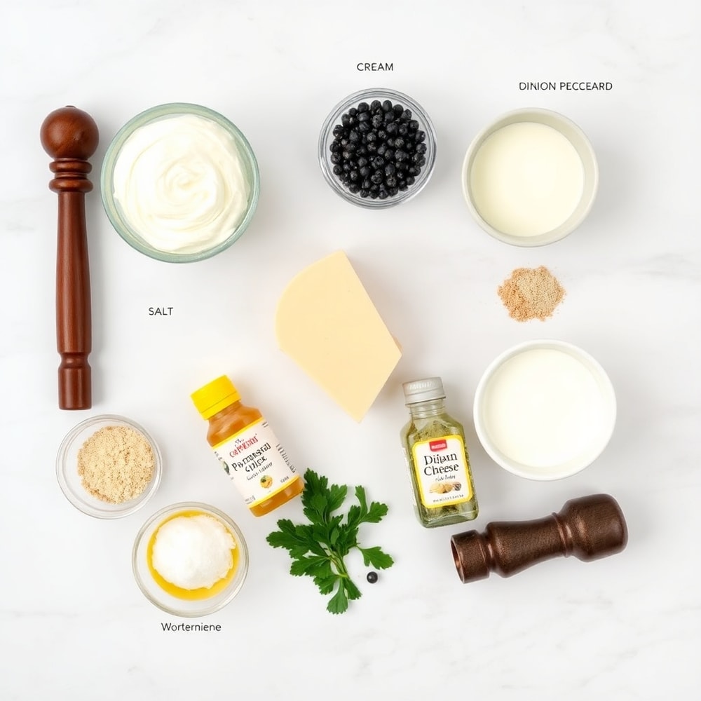 Raw ingredients for Parmesan Peppercorn Dressing arranged in a flat lay