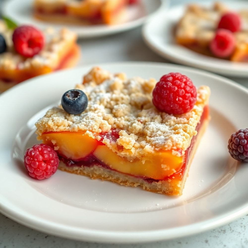 Peach Raspberry Crumb Bars on a plate with a fork