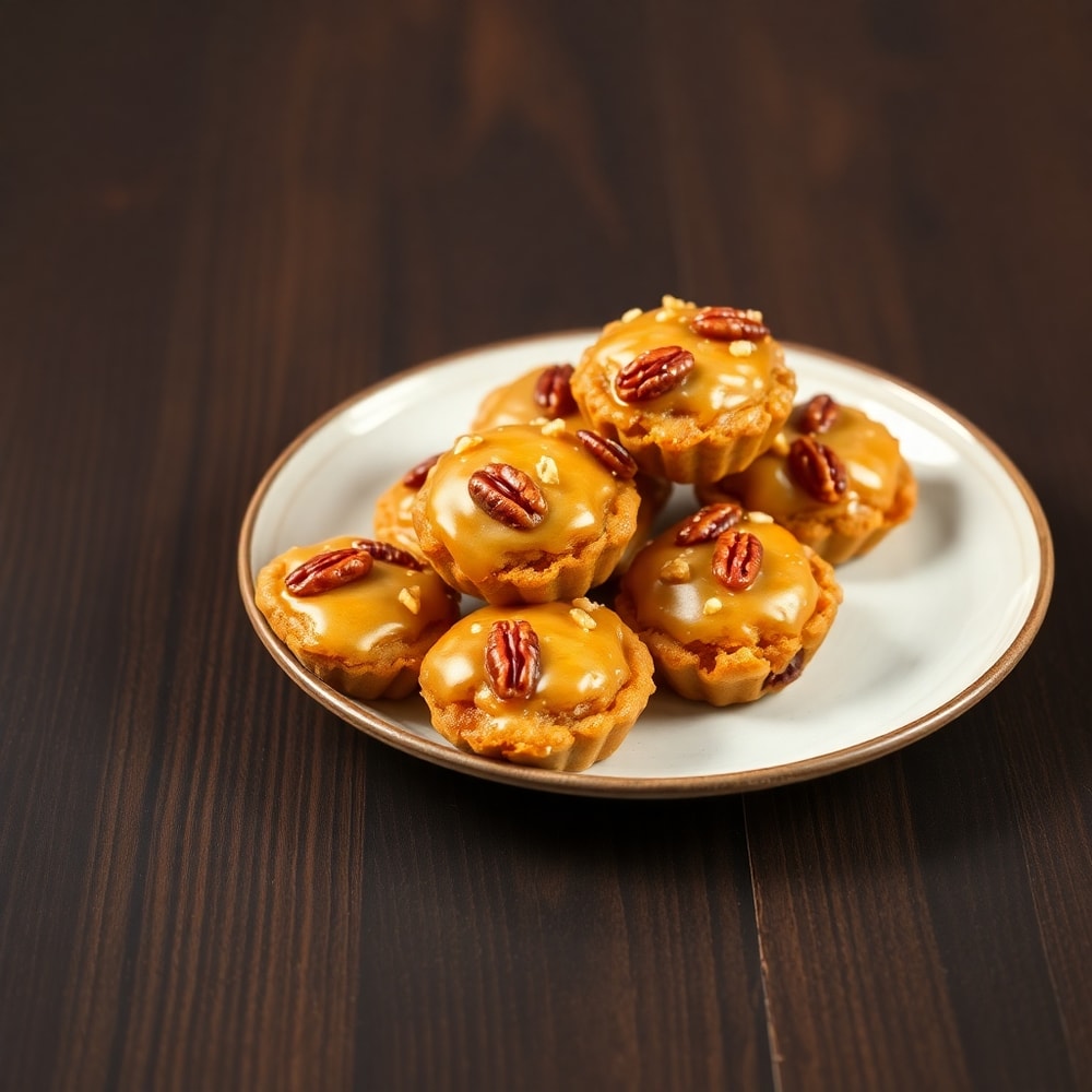 One perfect plated serving of Pecan Crunch Glazed Bites on a dark wooden surface, showing crispy, golden texture and warm side lighting