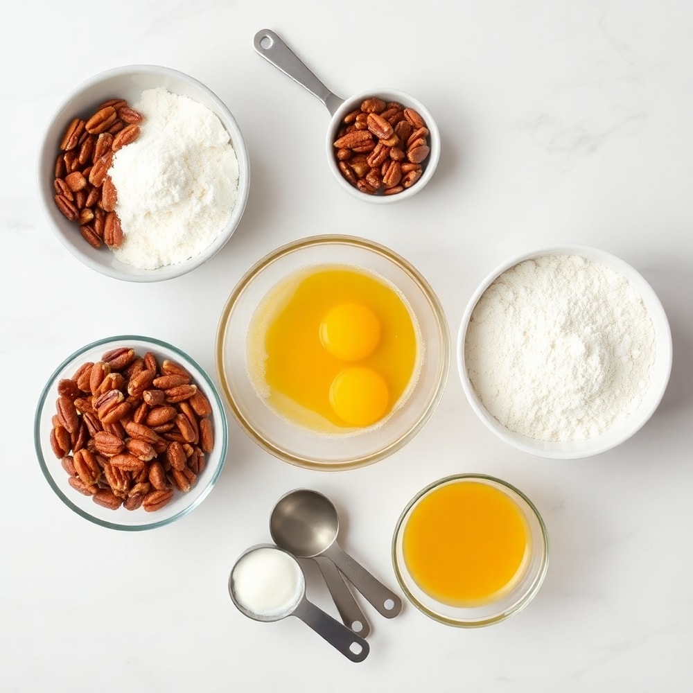 Overhead flat lay of raw ingredients for Pecan Crunch Glazed Bites, including pecans, flour, sugar, and eggs, on a white marble surface with bright even light