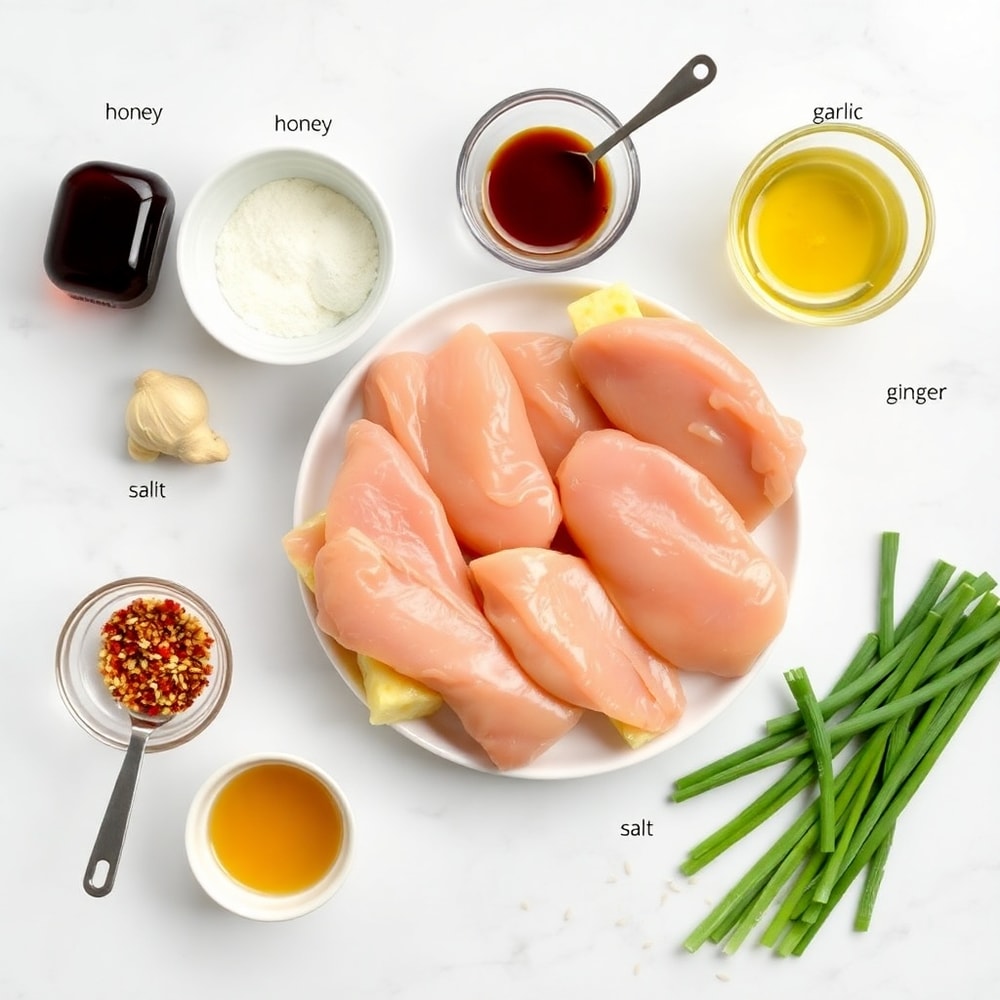 Raw ingredients for Pineapple Chicken Kabobs Teriyaki on a white marble surface