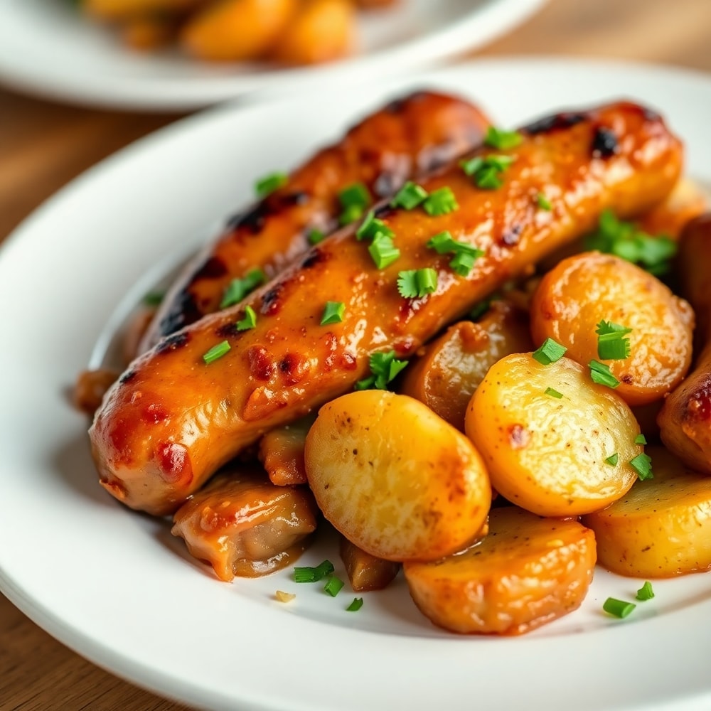 Plated Polish sausage and potato skillet with chopped parsley