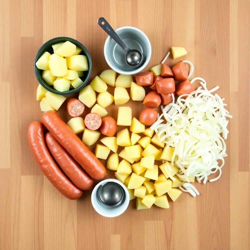 Raw ingredients for Polish sausage and potato skillet on a wooden surface