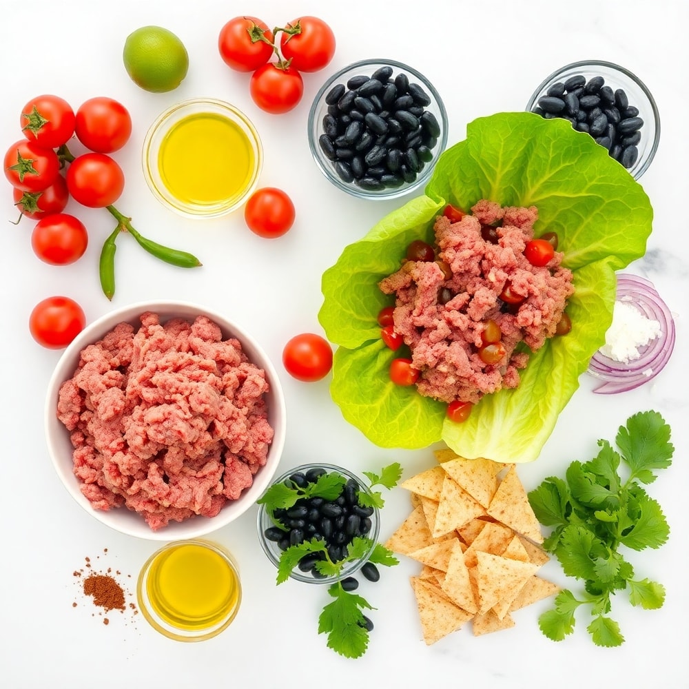 Raw ingredients for Mexican Salad including ground beef, lettuce, tomatoes, and tortilla chips