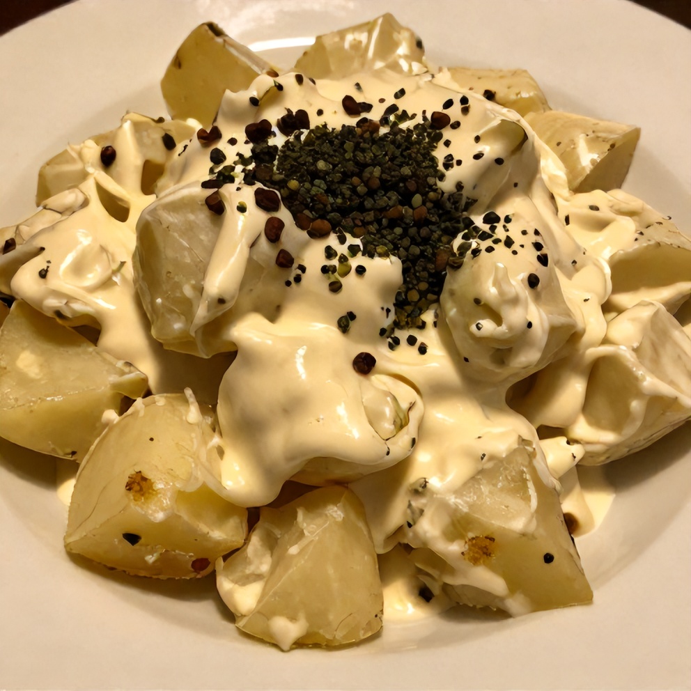 Plated serving of creamy potato salad without mayo