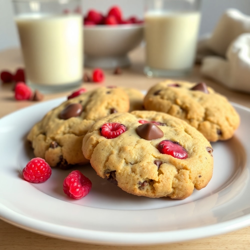 Plate of raspberry chocolate chip cookies with a glass of milk