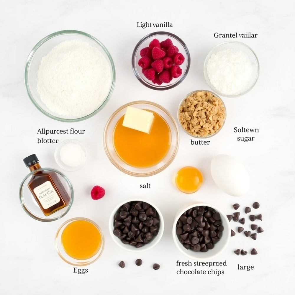Raw ingredients for raspberry chocolate chip cookies on a white marble surface