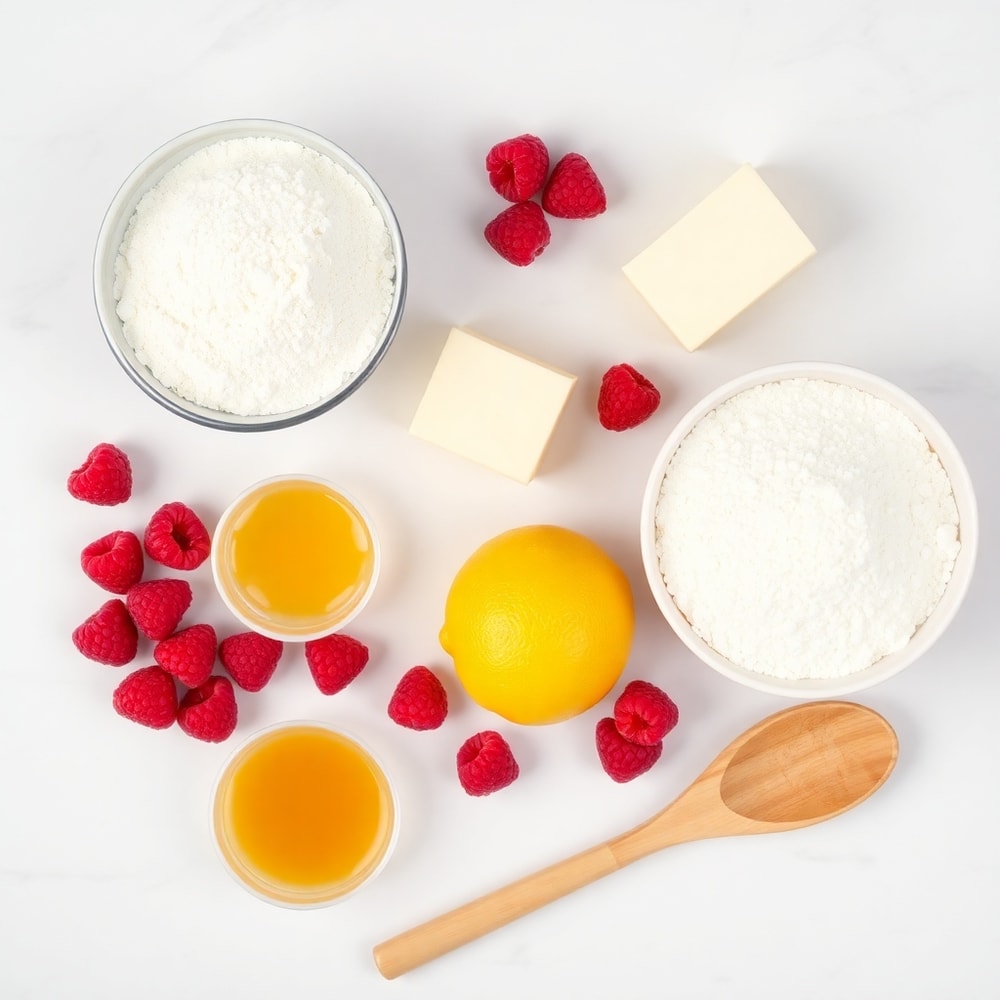 Raspberry Lemon Cookies ingredients on a white marble surface