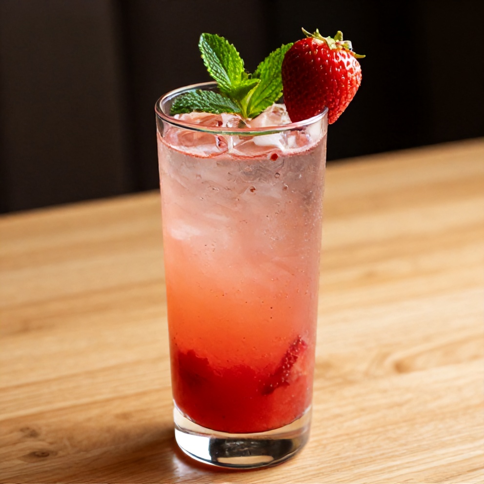 Glass of refreshing strawberry mint lemonade with a strawberry and mint garnish