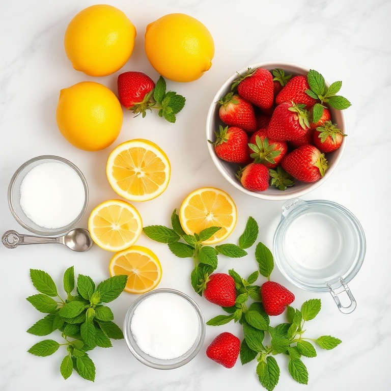 Strawberries, lemons, fresh mint, sugar, and water arranged on a white marble surface