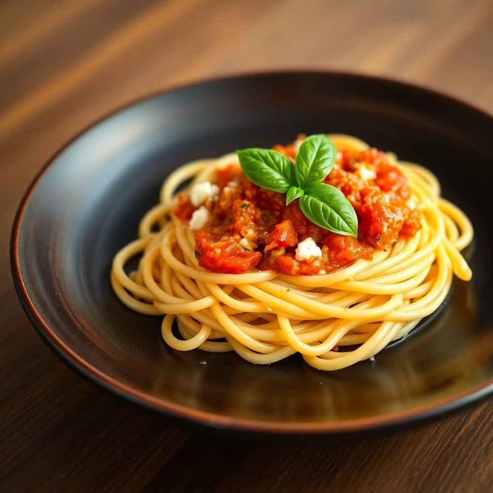 Plated Roasted Tomato and Garlic Ricotta Pasta