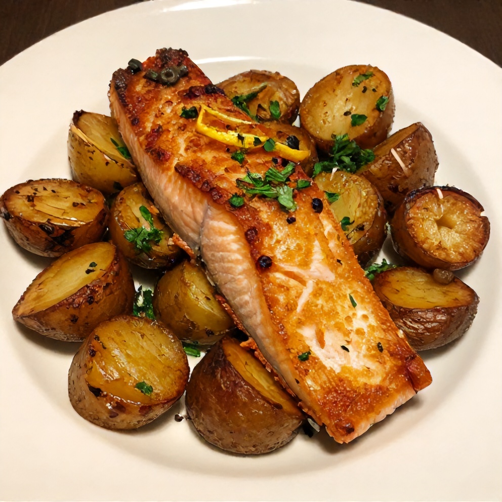 Plated serving of Crispy Lemon Dijon Salmon and Potatoes