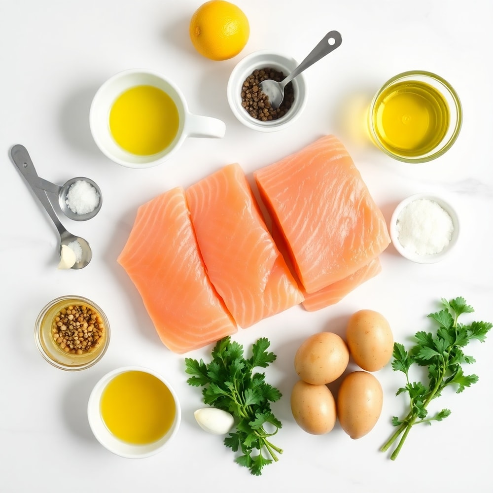 Raw ingredients for Lemon Dijon Salmon and Potatoes arranged on a marble surface