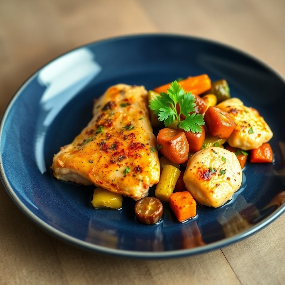 Plated Sheet Pan Lemon Herb Chicken & Veggies