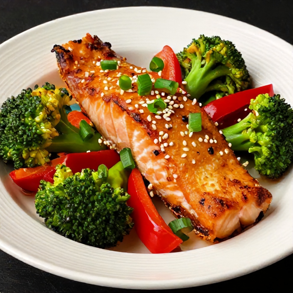 Plated serving of crispy orange chili salmon with broccoli and red bell peppers