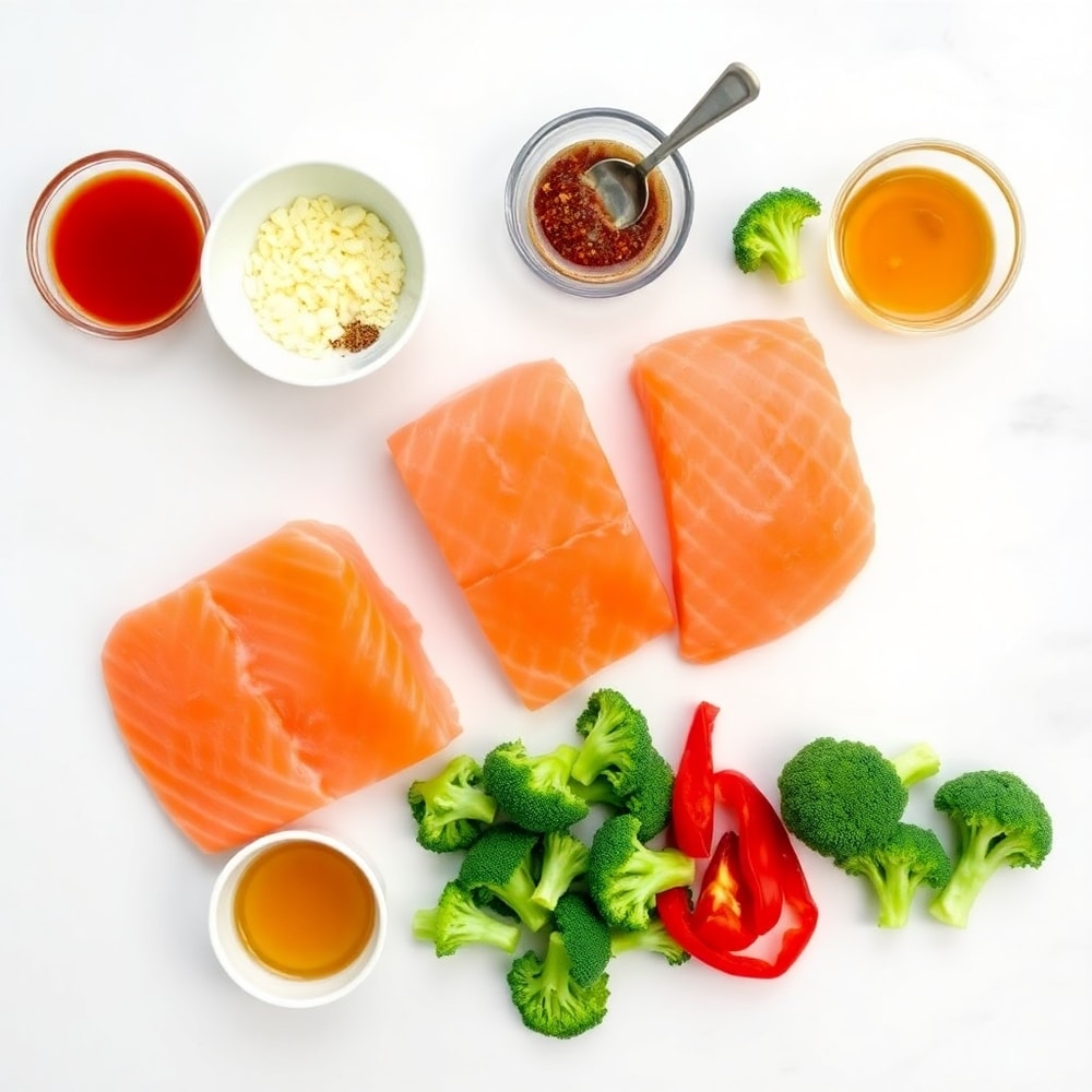 Raw ingredients for sheet pan orange chili salmon including salmon fillets, broccoli, red bell peppers, and orange chili sauce