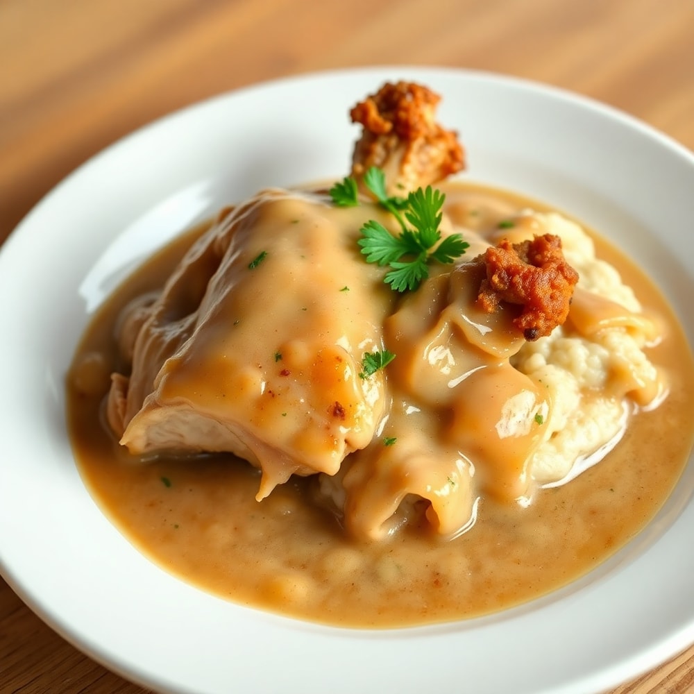 Plated Slow Cooker Chicken and Gravy with crispy chicken skin, creamy gravy, and fresh parsley garnish